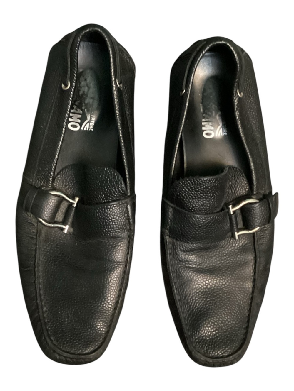 Salvatore Ferragamo Black Pebbled Loafers with Silver Buckle